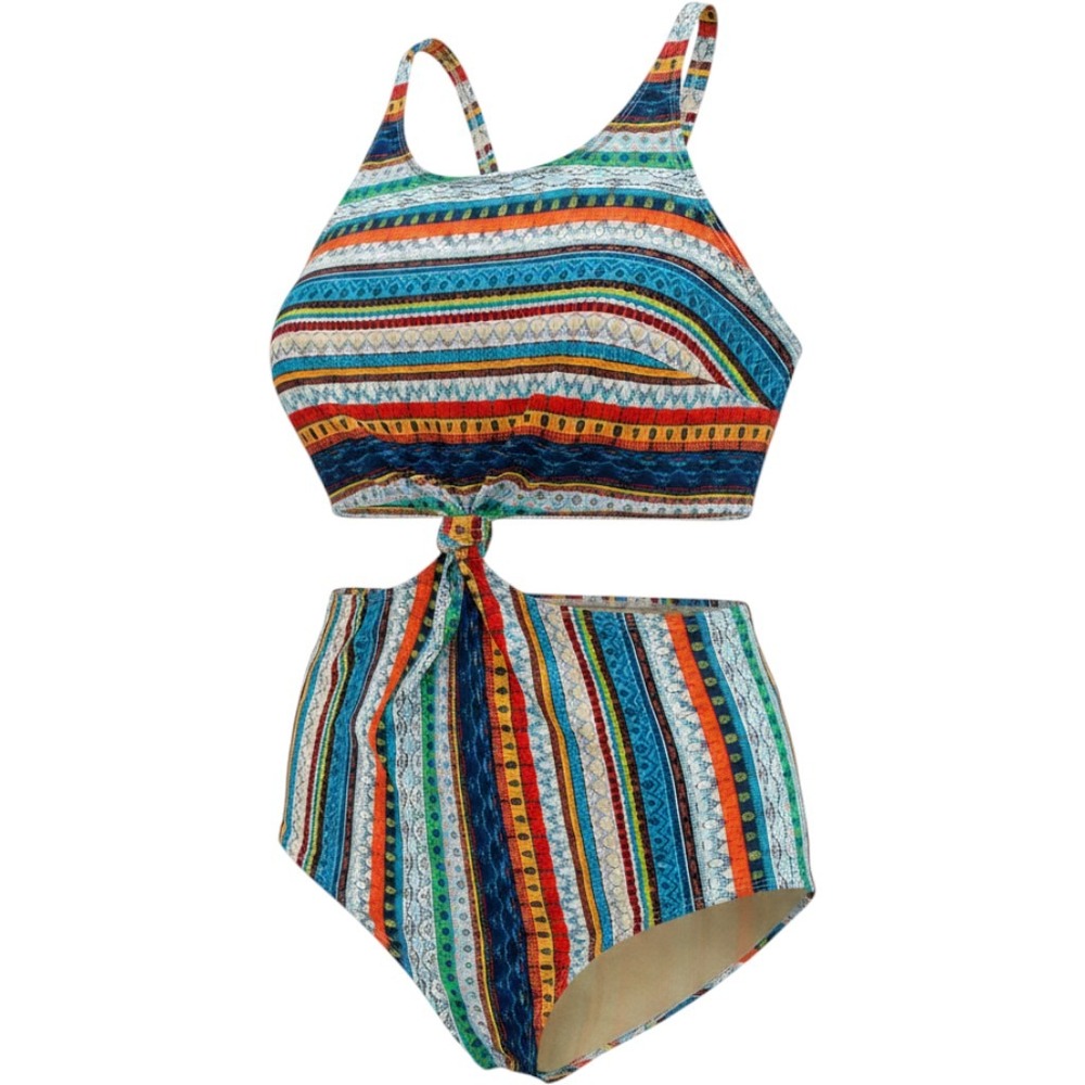Cacique Women 22 Geometric Tribal Print Cutout One Piece Swimsuit Knot Front